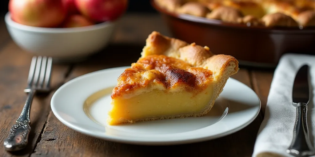 a plate with a piece of pie on it next to a bowl of apples and a fork on a table, Dennis Ashbaugh, p