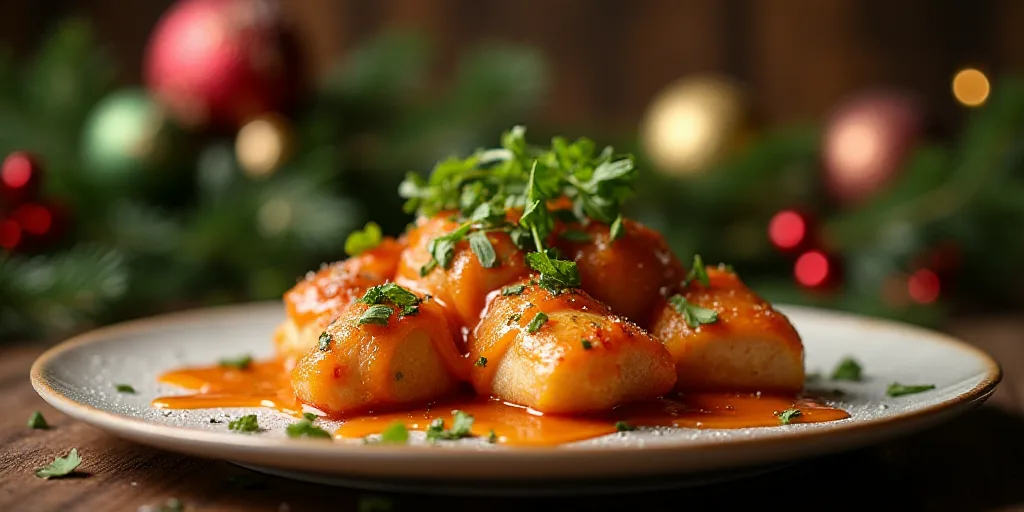 a platter of food with a lot of sauce on it and a christmas decoration behind it on a table, Ay-O, p