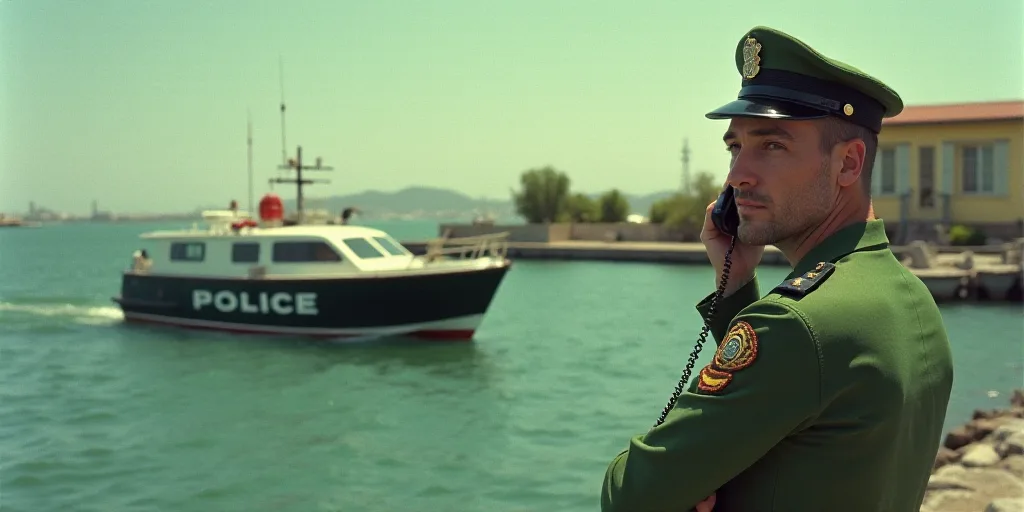 a police boat is in the water near a dock and a man in a green uniform is on the phone, Evelyn Abels