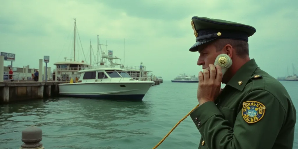 a police boat is in the water near a dock and a man in a green uniform is on the phone, Evelyn Abels