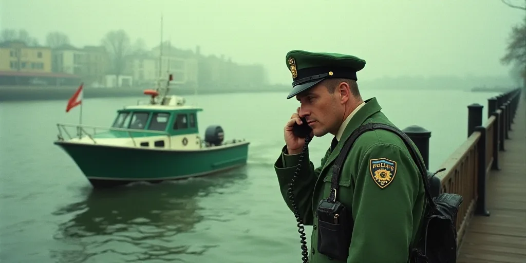 a police boat is in the water near a dock and a man in a green uniform is on the phone, Evelyn Abels