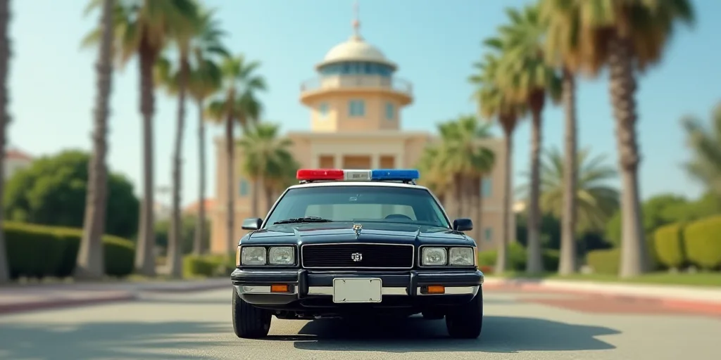 a police car parked in front of a building with a control tower in the background and palm trees in