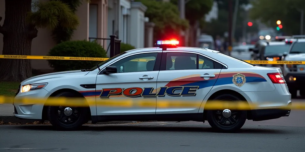 a police car parked next to a police tape and a police car with a police badge on it's side, Elbridg