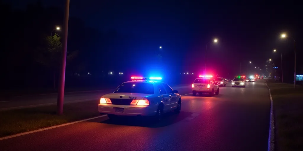 a police car parked on the side of a road at night time with its lights on and emergency lights on,