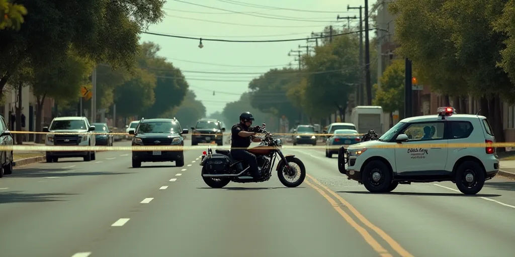 a police officer and a motorcycle are at the scene of a motorcycle accident on a street with police