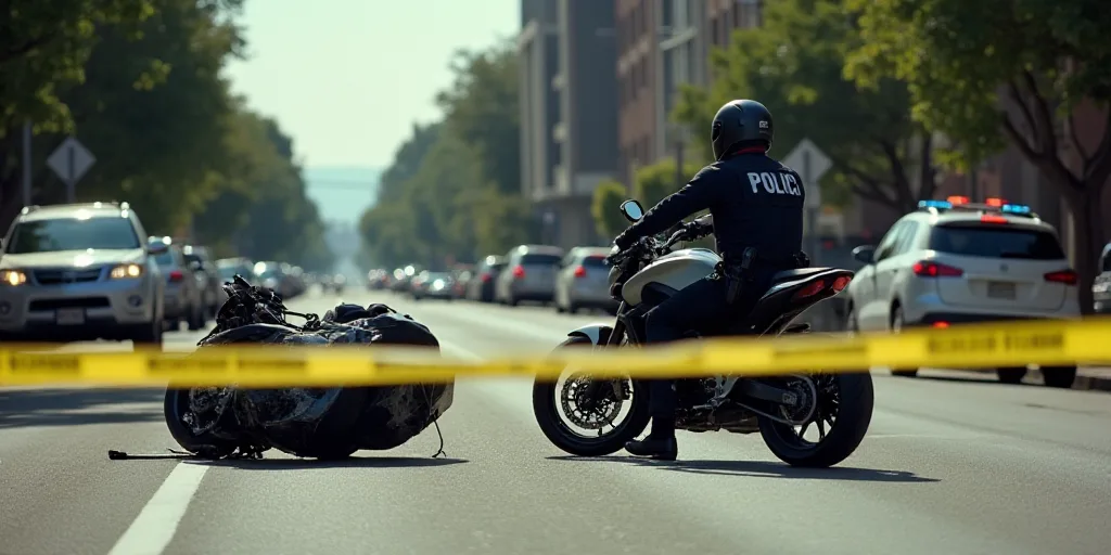 a police officer and a motorcycle are at the scene of a motorcycle accident on a street with police
