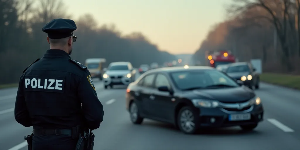 a police officer standing in front of a car that has been involved in a crash on a road with other c