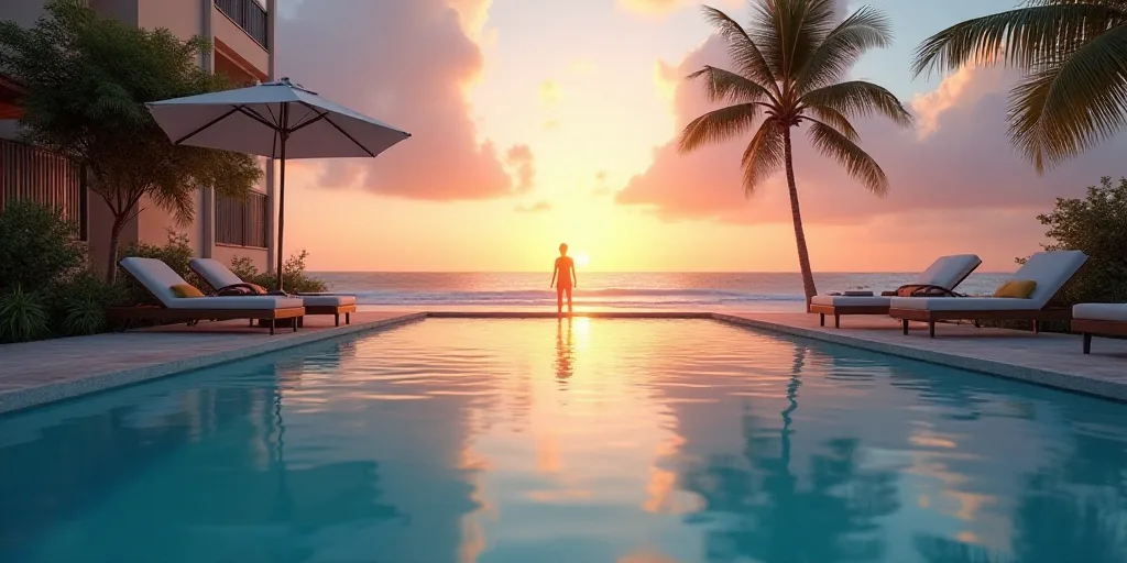 a pool with lounge chairs and a view of the ocean and beach at sunset or sunrise time, with a person