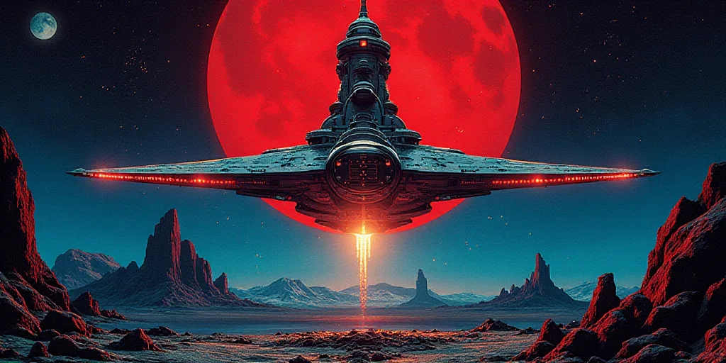 a poster for system of a down with a spaceship in the background and a red and blue background with