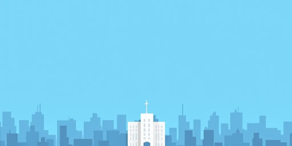 a poster of a city with a blue background and a white building with a blue sky in the background, Al