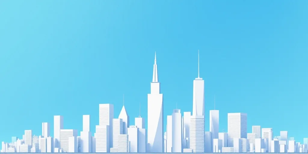 a poster of a city with a blue background and a white building with a blue sky in the background, Al