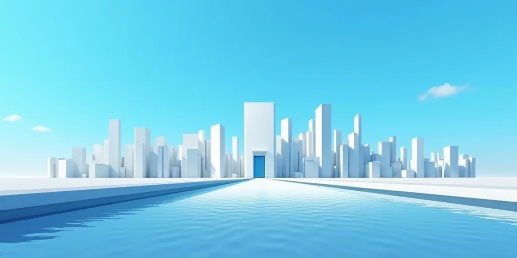 a poster of a city with a blue background and a white building with a blue sky in the background, Al