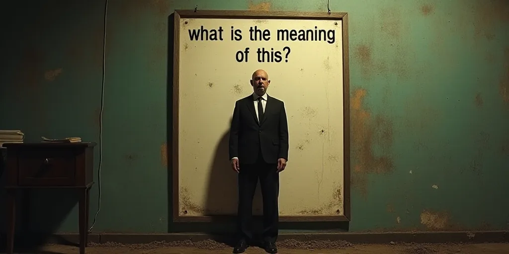 a poster with a caption that reads,'what is the meaning of this?'and a picture of a man in a suit, D