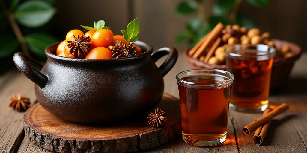 a pot of fruit and spices on a table with two cups of tea and a basket of nuts and cinnamons, Bálin
