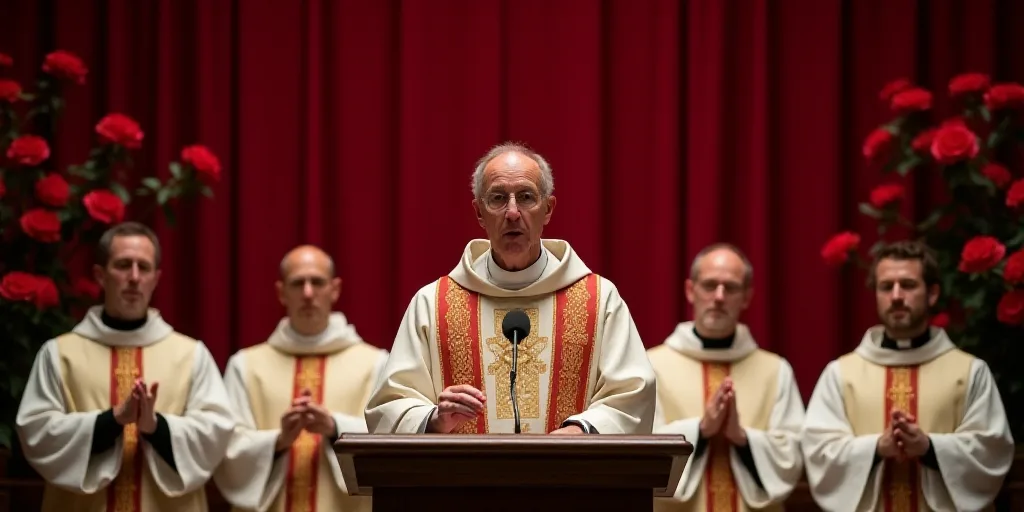 a priest is speaking at a podium with other priests behind him and a red curtain behind him with red