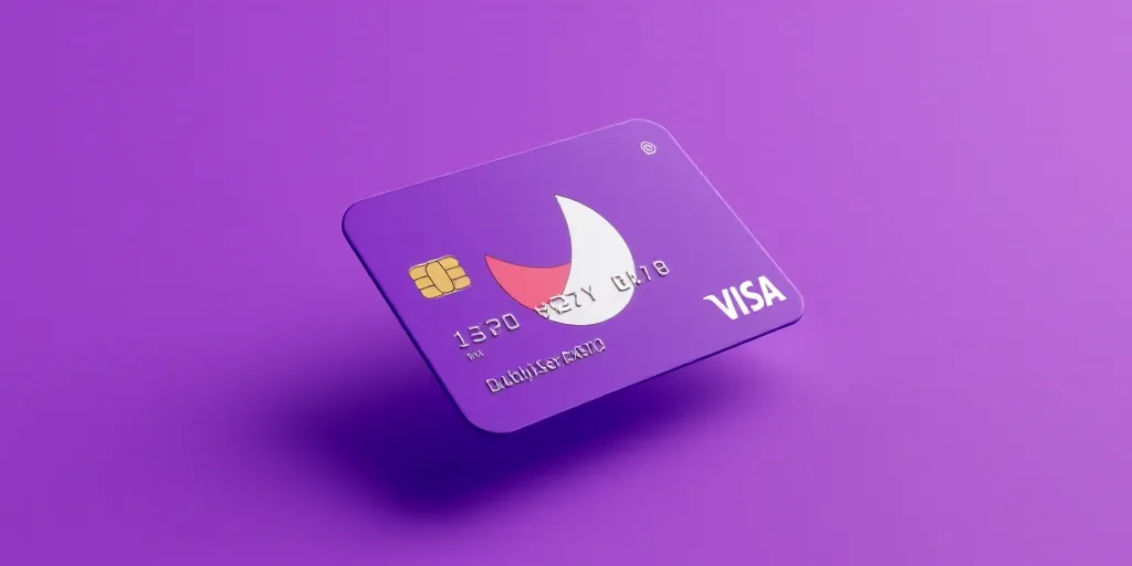 a purple and white credit card with a purple background and a white and orange logo on it, with a pu