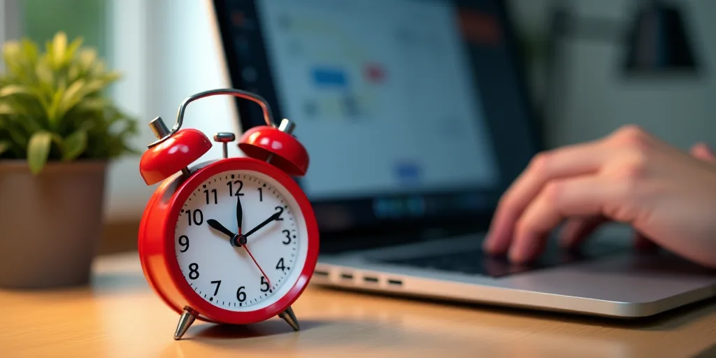 a red alarm clock sitting next to a laptop computer on a desk with a person working on a laptop, Den