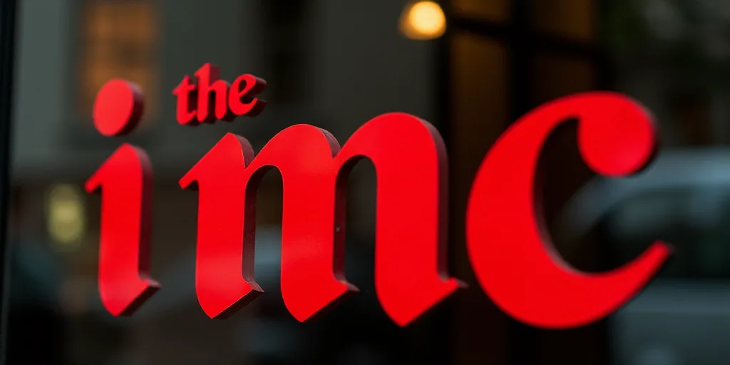 a red and black sign that says,'the imc'in red lettering on a glass window, David Imms, ilm, a silk