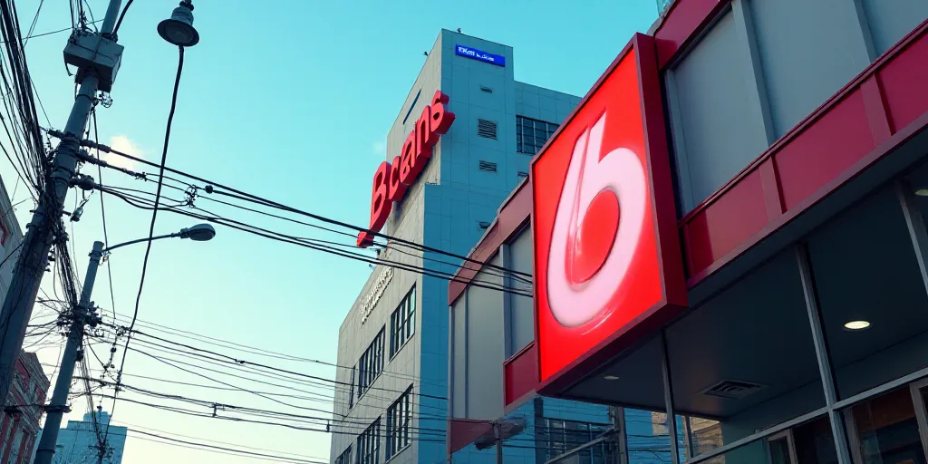 a red and blue sign for a bank in a city with power lines in the background and a building with a si