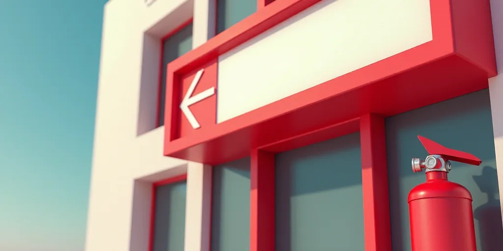 a red and white sign with a red fire extinguisher on it's side of a building, Bernat Sanjuan, render