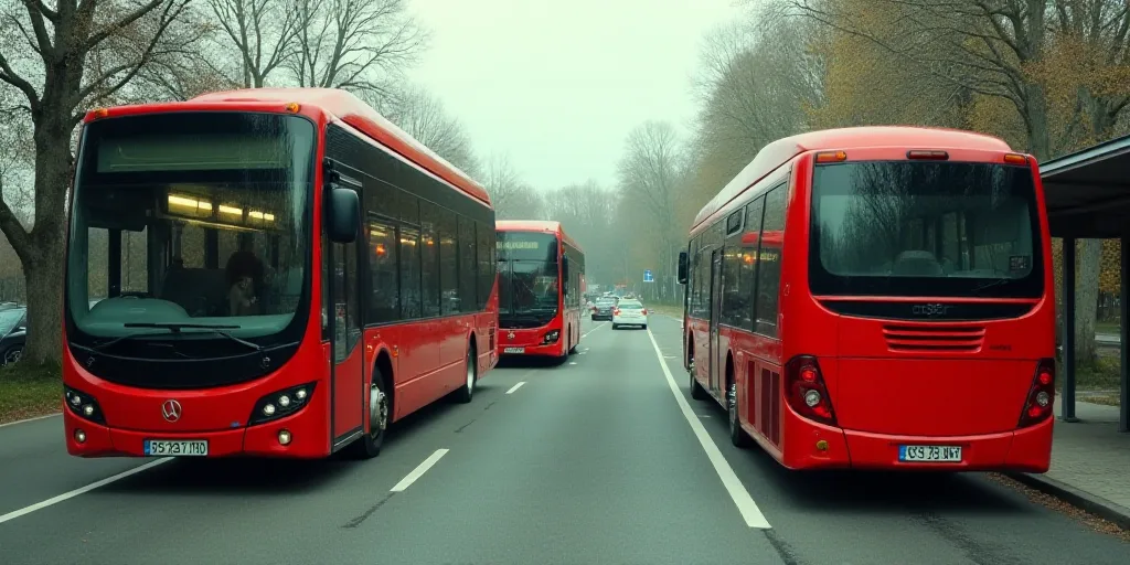 a red bus is parked at a bus stop next to another bus that is parked on the side of the road, Aquira