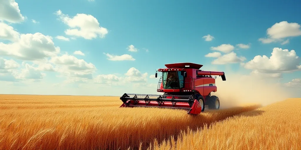 a red combine truck driving through a wheat field under a blue sky with clouds in the background and
