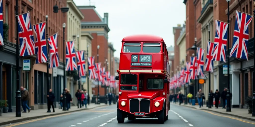 a red double decker bus driving down a street next to tall buildings with flags hanging from the sid