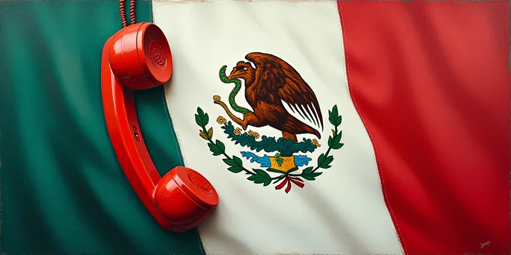 a red phone is suspended by a crane with a flag of mexico in the background of a colorful flag, Aqui