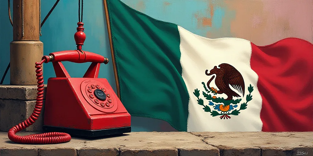 a red phone is suspended by a crane with a flag of mexico in the background of a colorful flag, Aqui