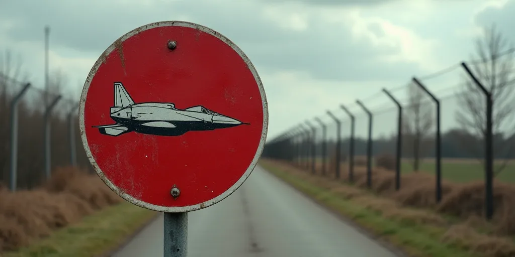 a red sign with a black and white picture of a flying object in the middle of it and a fence in the