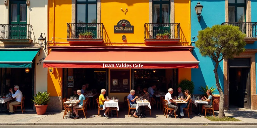 a restaurant with a sign that says juan valadez cafe on the front of it and people sitting at tables