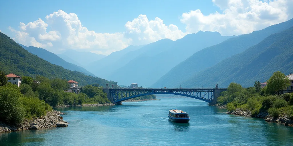 a river with a blue boat on it and mountains in the background with clouds in the sky and a blue bri