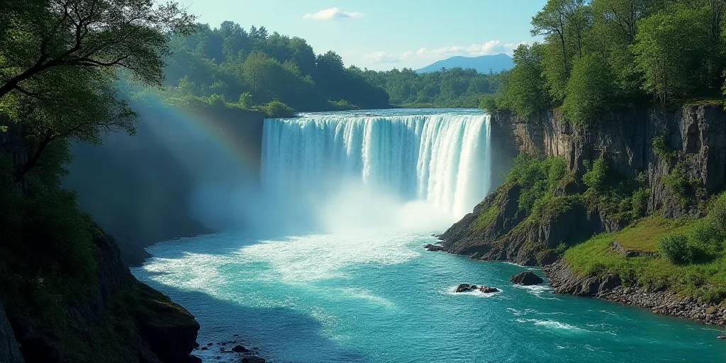 a river with a waterfall in the background and trees in the foreground, and a blue body of water, Fe