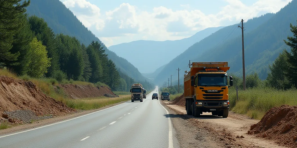 a road with construction work going on and trucks driving down it and a road under construction in t