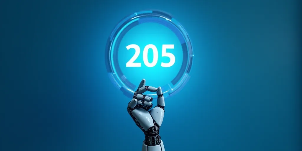 a robot hand holding a sign that says 205 with a blue background and a circular design over it that