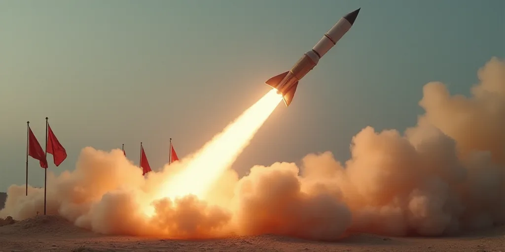 a rocket is flying through the air with smoke and flags in the background of a photo of a rocket, Fa