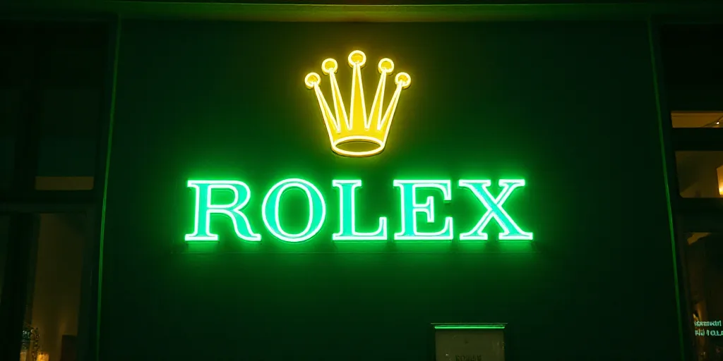 a rolex sign on a wall with a crown on it's head and a green light above it, Carles Delclaux Is, lux