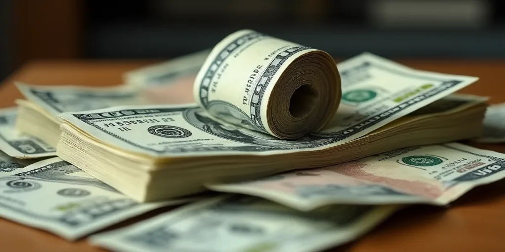 a roll of money sitting on top of a pile of money bills on top of each other on a table, Chica Macna