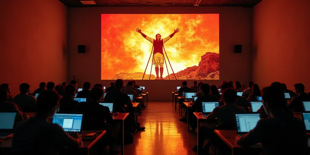 a room full of people sitting at desks with laptops on them and a large screen above them, David Alf