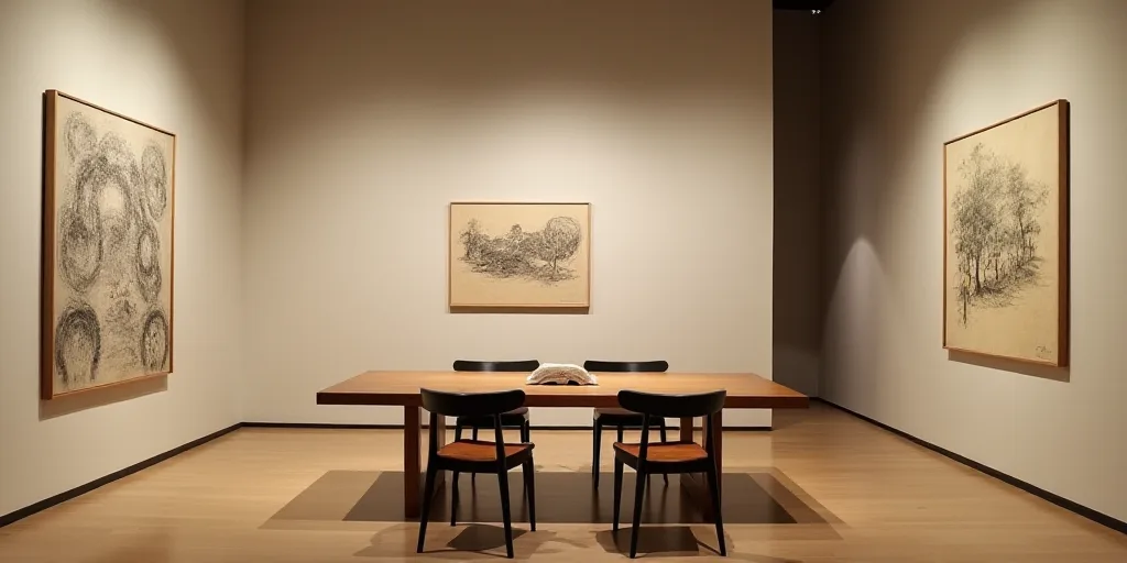 a room with a table and chairs and a wall with pictures on it and a shelf with pictures on it, Donal