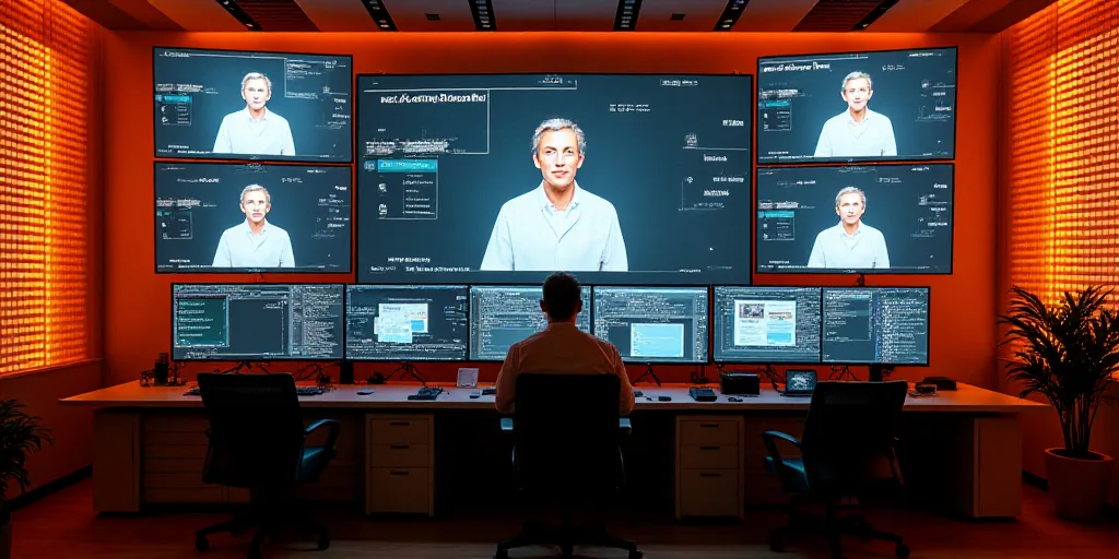 a room with multiple computers and a lot of screens on the wall with a picture of a person on the sc