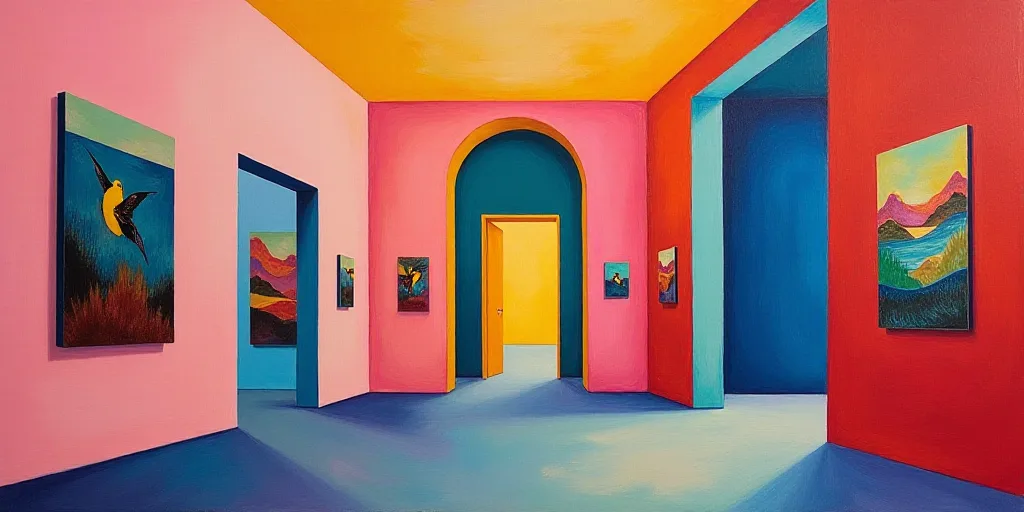 a room with paintings on the wall and a door way to another room with a door and a window, Elizabeth