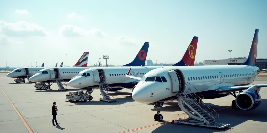 a row of airplanes parked next to each other on a runway at an airport with passengers boarding them