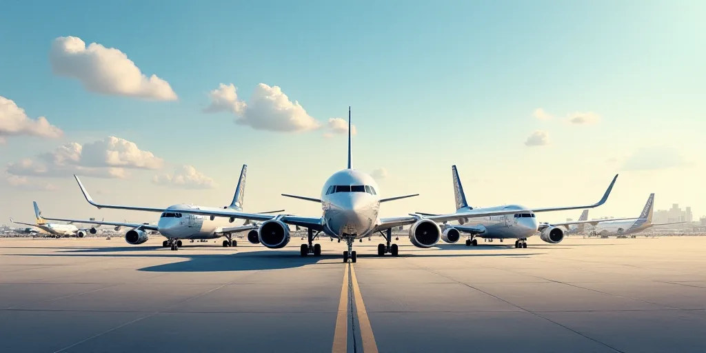 a row of airplanes parked on a runway at an airport with other planes in the background and a few on