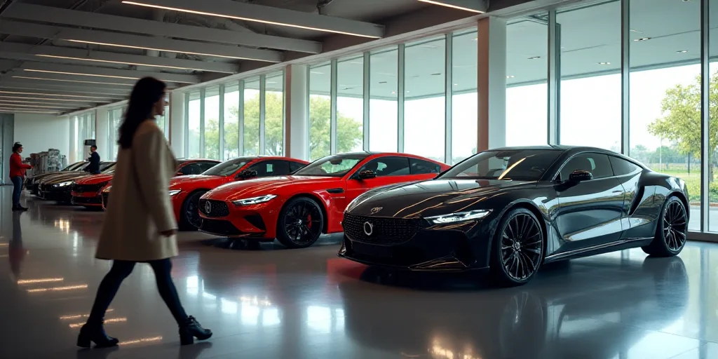 a row of cars parked in a showroom with people looking at them in the background and a woman walking