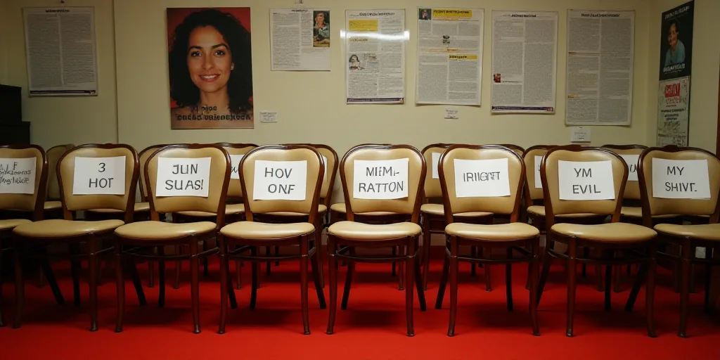 a row of chairs with signs on them in a room with a red carpet and a wall with posters on it, Anne S