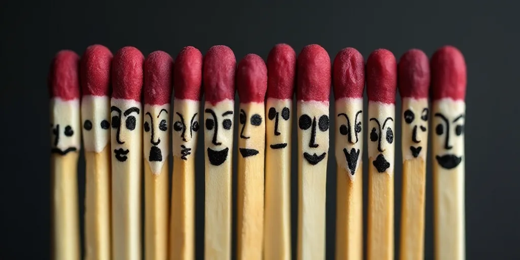 a row of matches with faces drawn on them with a match stick sticking out of them with a match stick