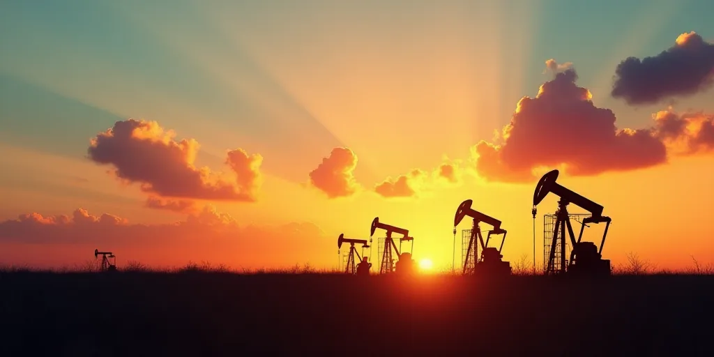 a row of oil pumps sitting on top of a field at sunset with a sky background and a few clouds, Andri