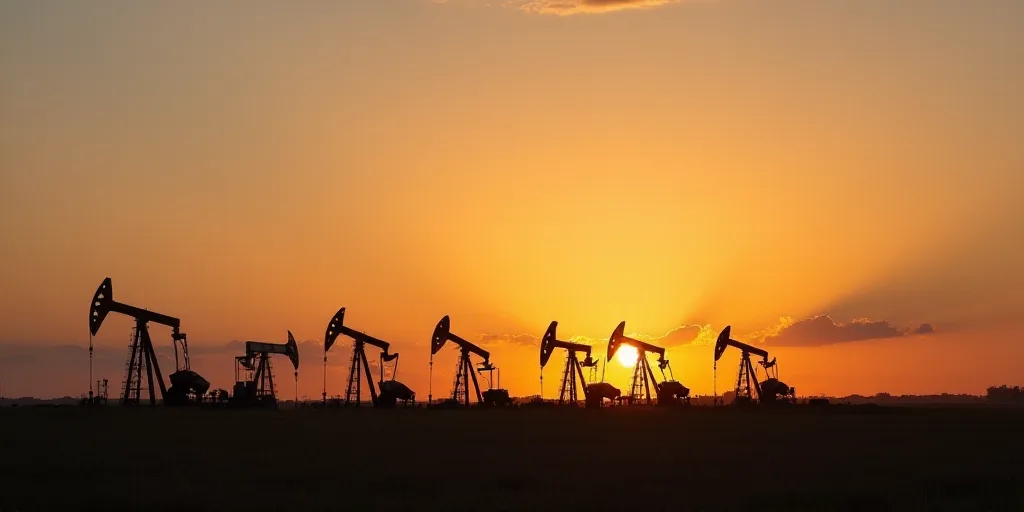 a row of oil pumps sitting on top of a field at sunset with a sky background and a few clouds, Andri