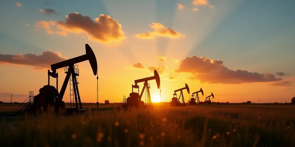 a row of oil pumps sitting on top of a field at sunset with a sky background and a few clouds, Andri